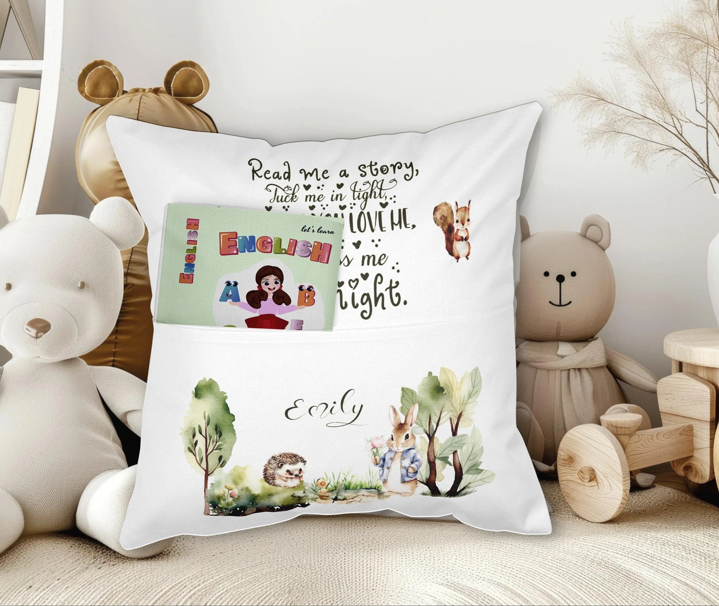 Custom named Rabbit in the Forest Kids Personalised  Pocket Pillow