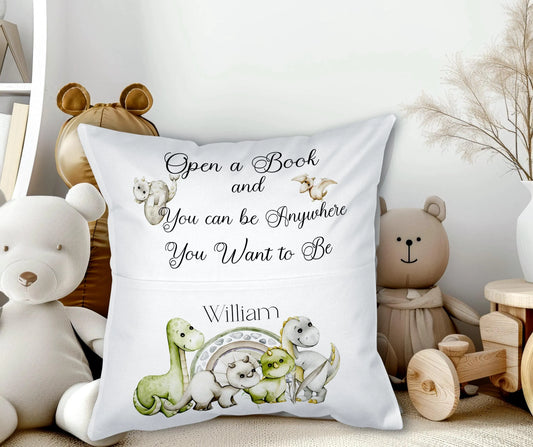 Custom named Personalised Dino print Kids Reading Pocket Pillow