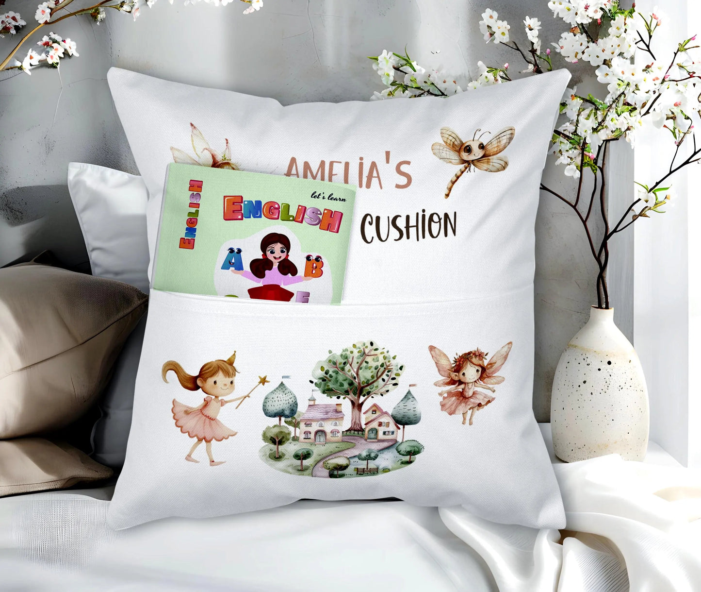 Personalised Custom Named Dancing Fairy Design Nursery Pocket Cushion