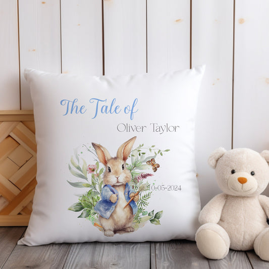 Blue Floral  Bunny Personalised Christening Gift Cushion