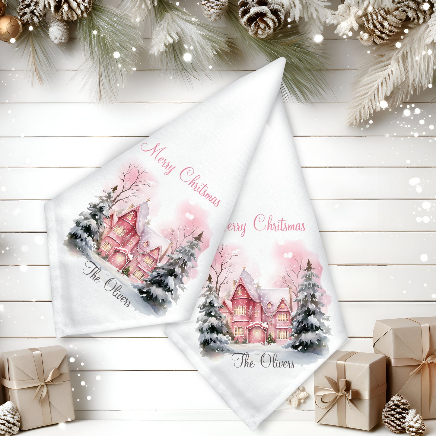 Personalised Pink Theme Christmas Landscape Design Napkin Set