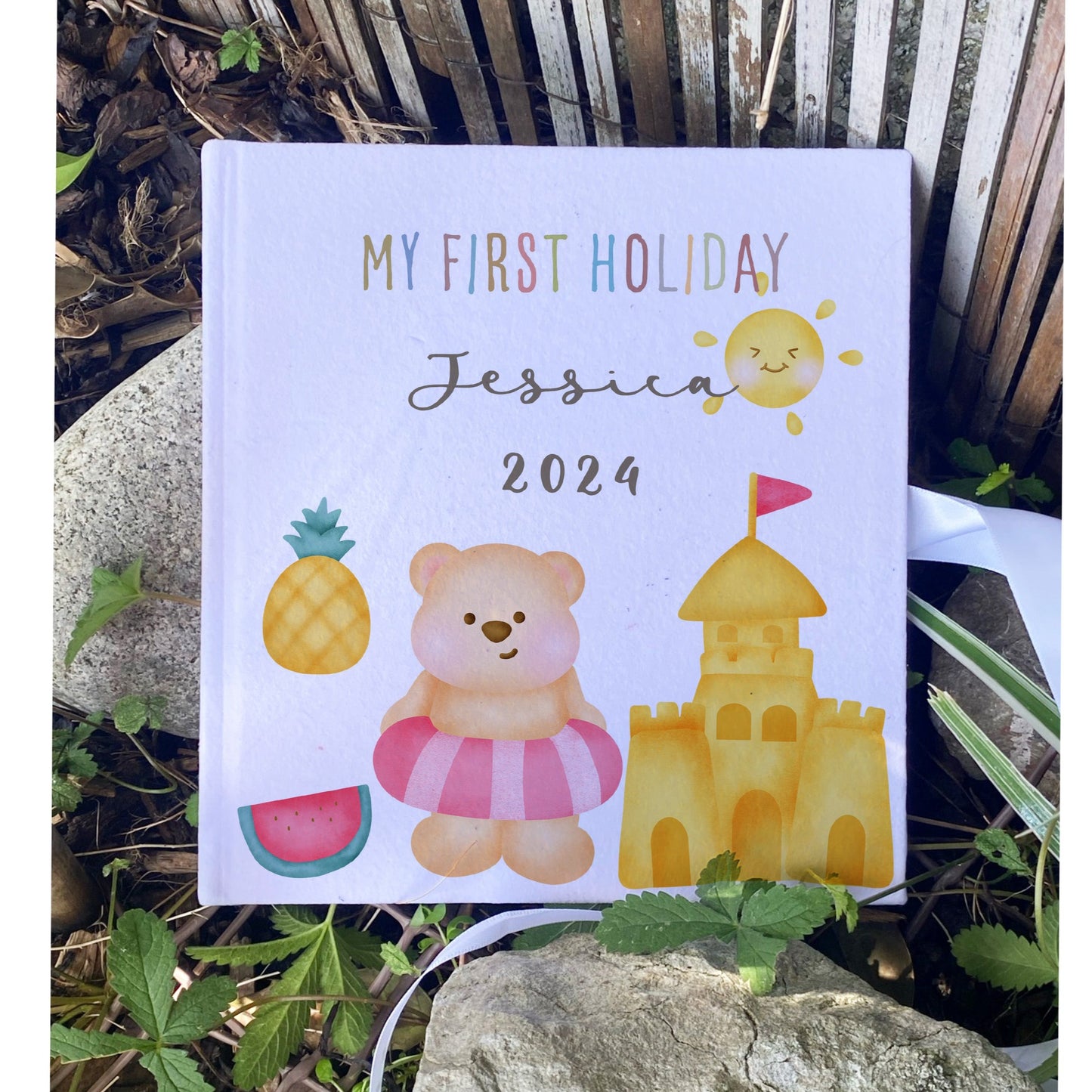 Personalised Bear on the  Beach Holiday Kids Memory Book with Ribbon