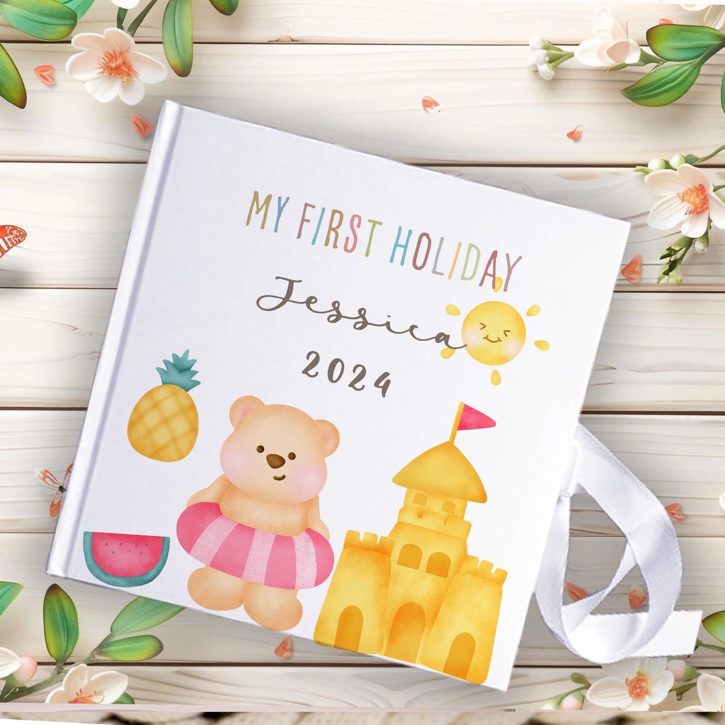 Personalised Bear on the  Beach Holiday Kids Memory Book with Ribbon