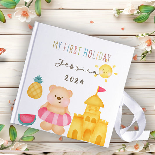 Personalised Bear on the  Beach Holiday Kids Memory Book with Ribbon