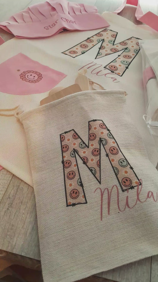 Floral Initial  - Personalised Kids Linen Apron Baking Set