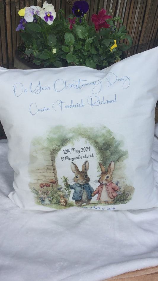 PERSONALISED Twins Bunny Christening Cushion