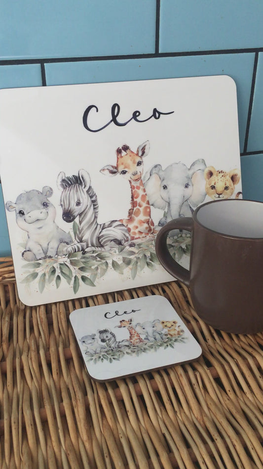 Safari Animals Kids Personalised Placemat Coaster Set