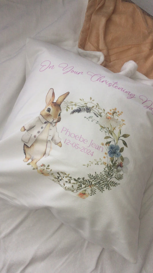 Wildflower Bunny Design Personalised Christening Gift Cushion