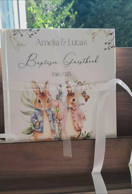 Cute Twins Bunny Personalised Christening Guestbook with Ribbon
