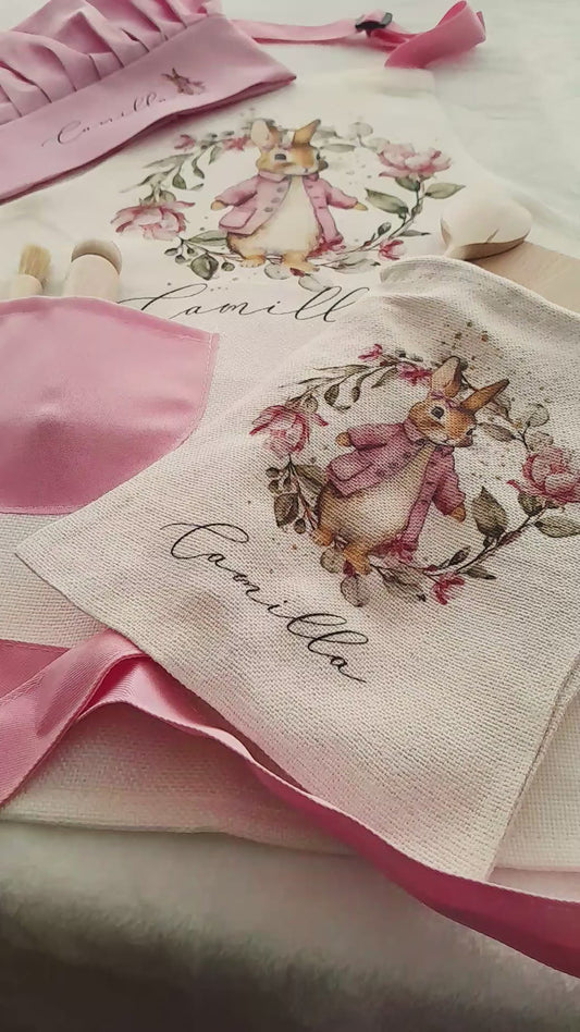 Pretty Pink Bunny - Personalised Kids Unique Linen Baking Set