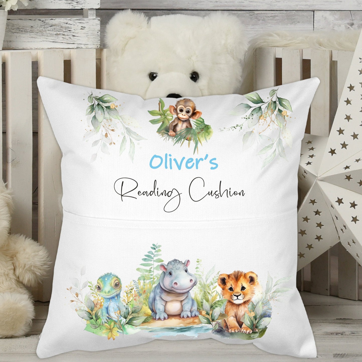 Colourful Safari Animals Kids Personalised  Pocket Pillow