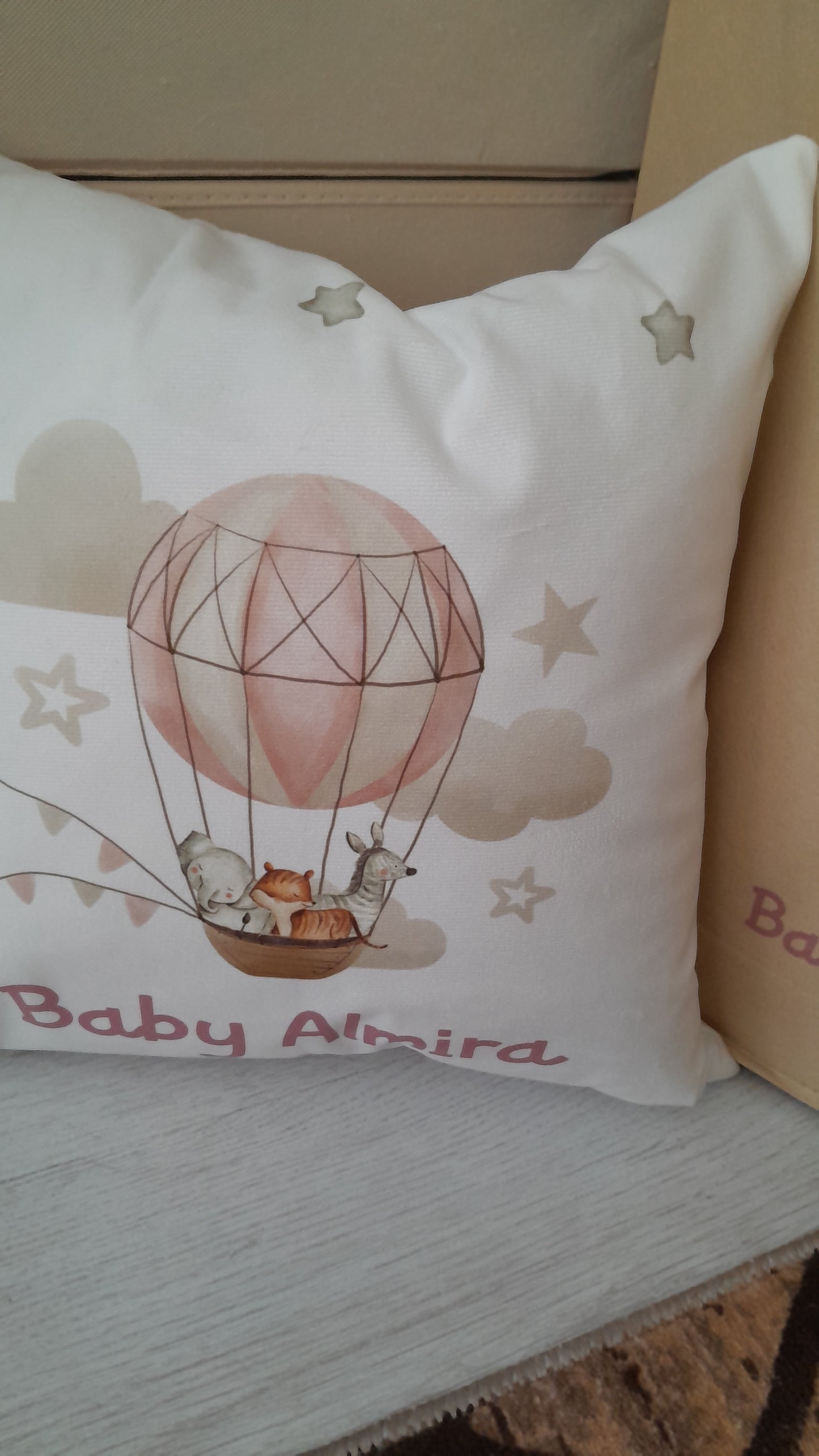 Personalised Pink Hot Air Balloon Jungle Baby Blanket Cushion Toy Bag Set