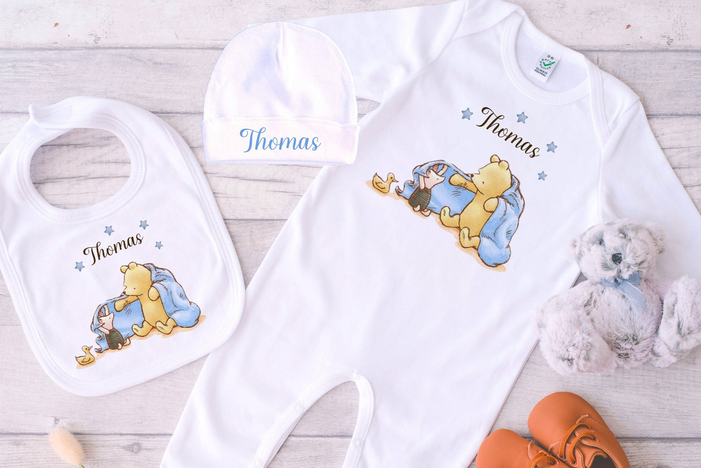 Pooh Bear and Pig - Personalised Baby Blanket Set