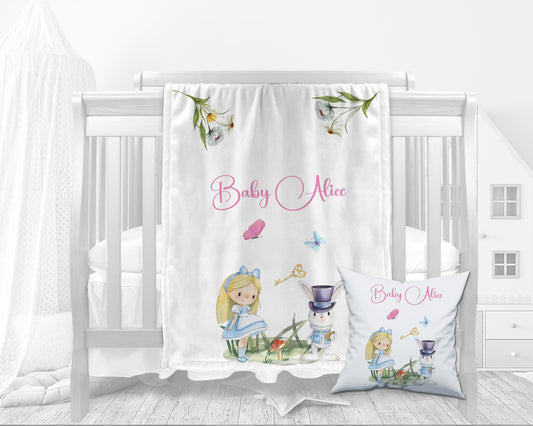 Alice in Wonderland Personalised Baby Blanket Cushion Gift