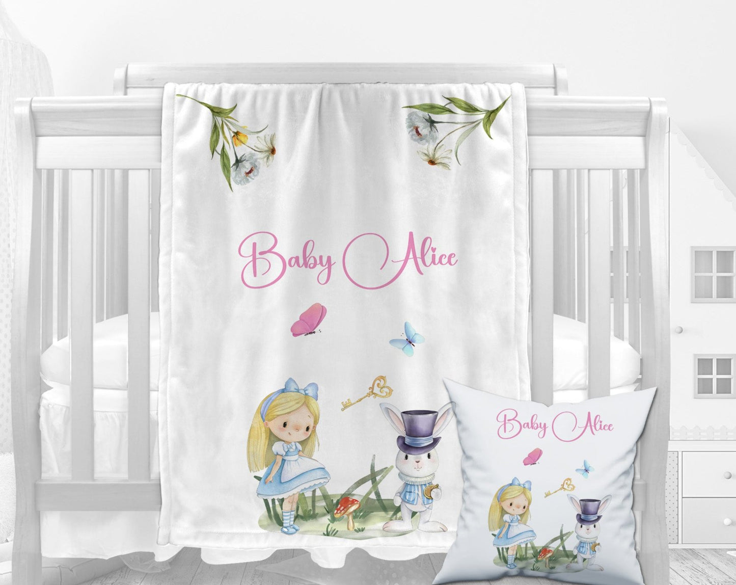 Alice in Wonderland Personalised Baby Blanket Cushion Gift