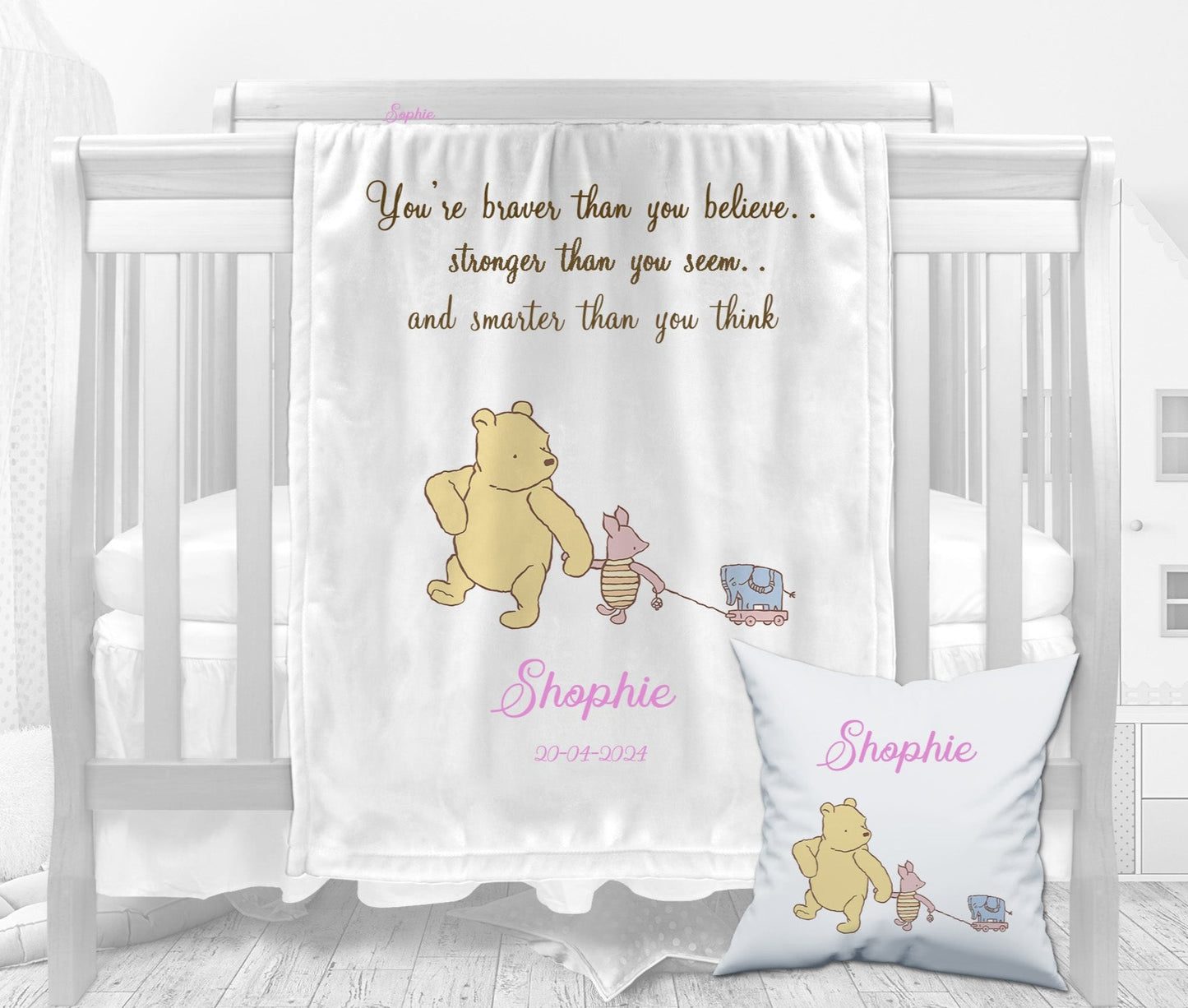 Pooh Bear and Pig Design Personalised Baby Blanket Set