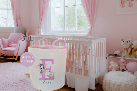 Personalised Fairy Print Letter Large Toy basket Gift Set With Cushion