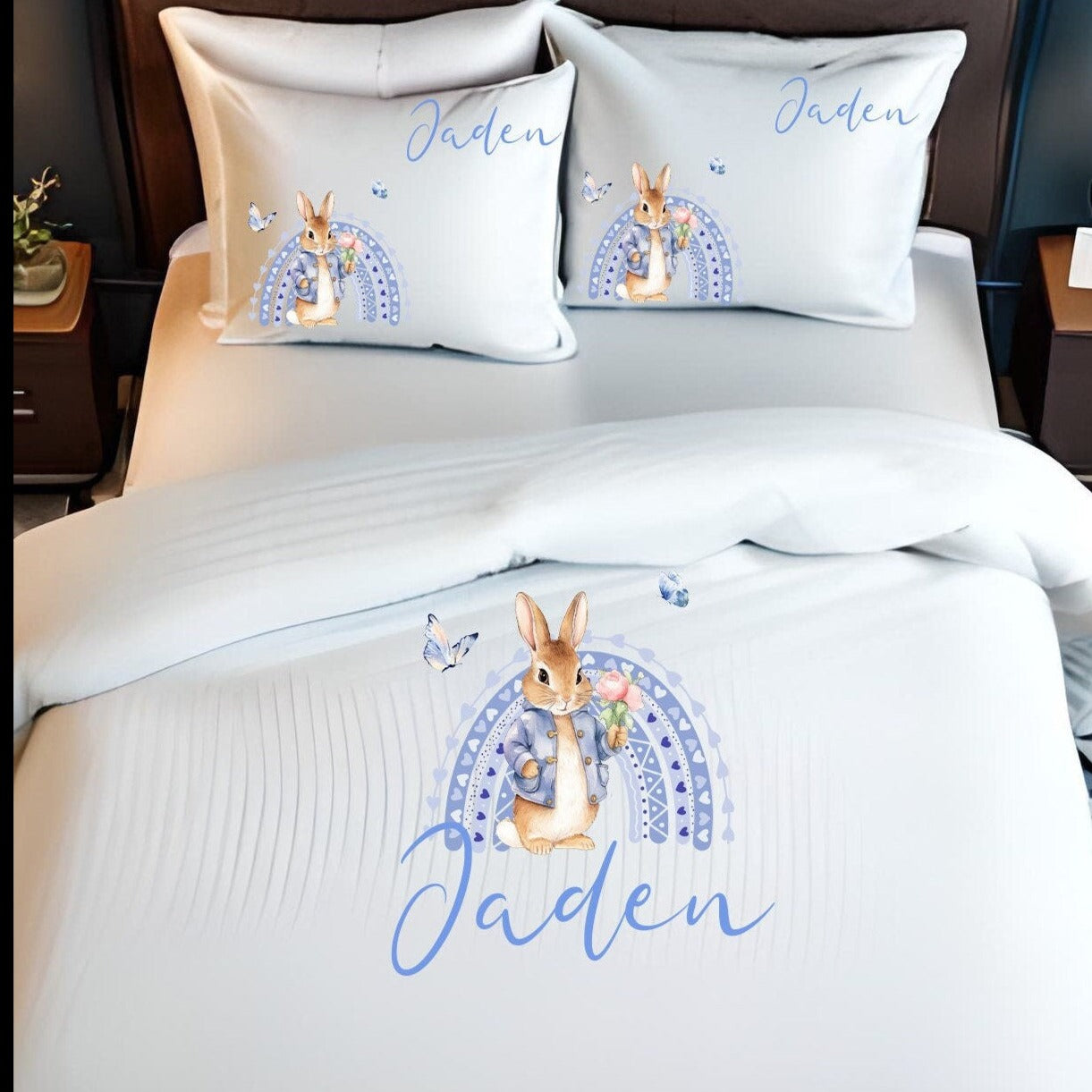 Blue Bunny Rainbow - Personalised Duvet Cover Set