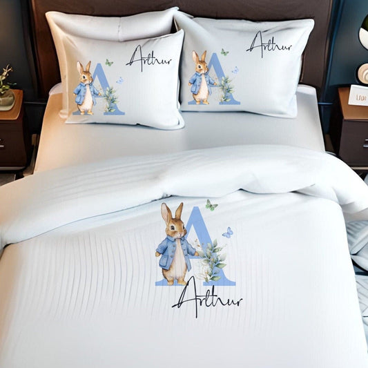 Blue Bunny Floral Letter - Personalised Duvet Cover Set